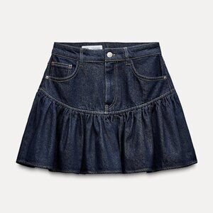 NWT Dark Indigo Flared Ruffle Denim Mini Skirt Size Medium Zara 6929/291/443
